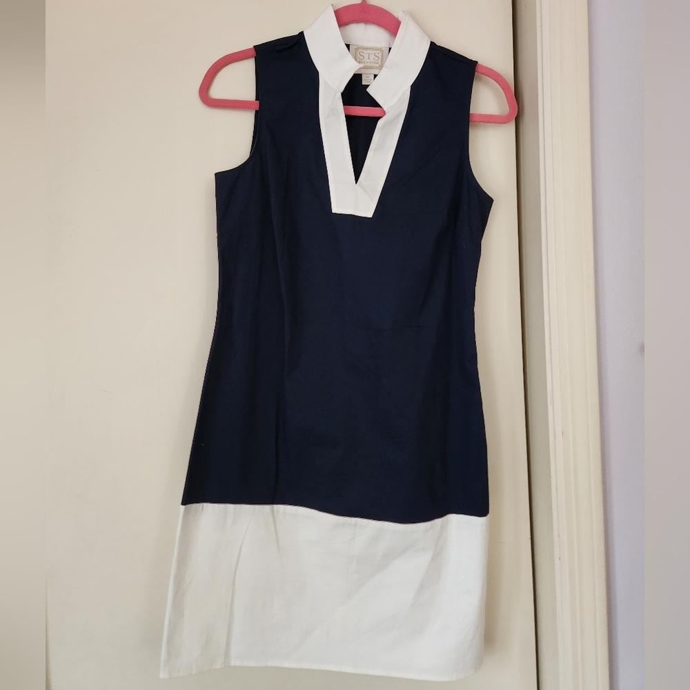 Sail to sable navy and white color block dress with collar